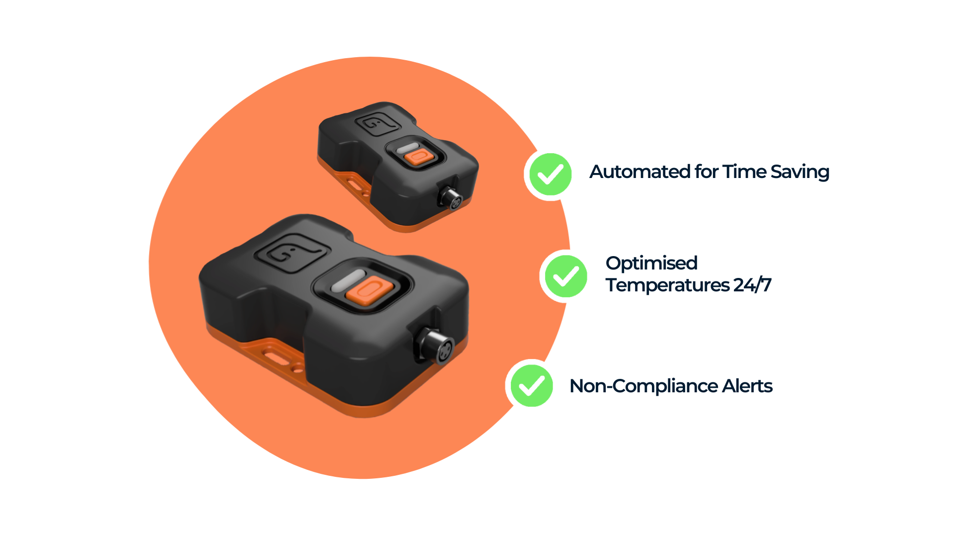 2 of our temperature monitoring devices on an orange background with 3 bullet points: Automated for time saving, Optimised temperatures 24/7, Non-Compliance alerts